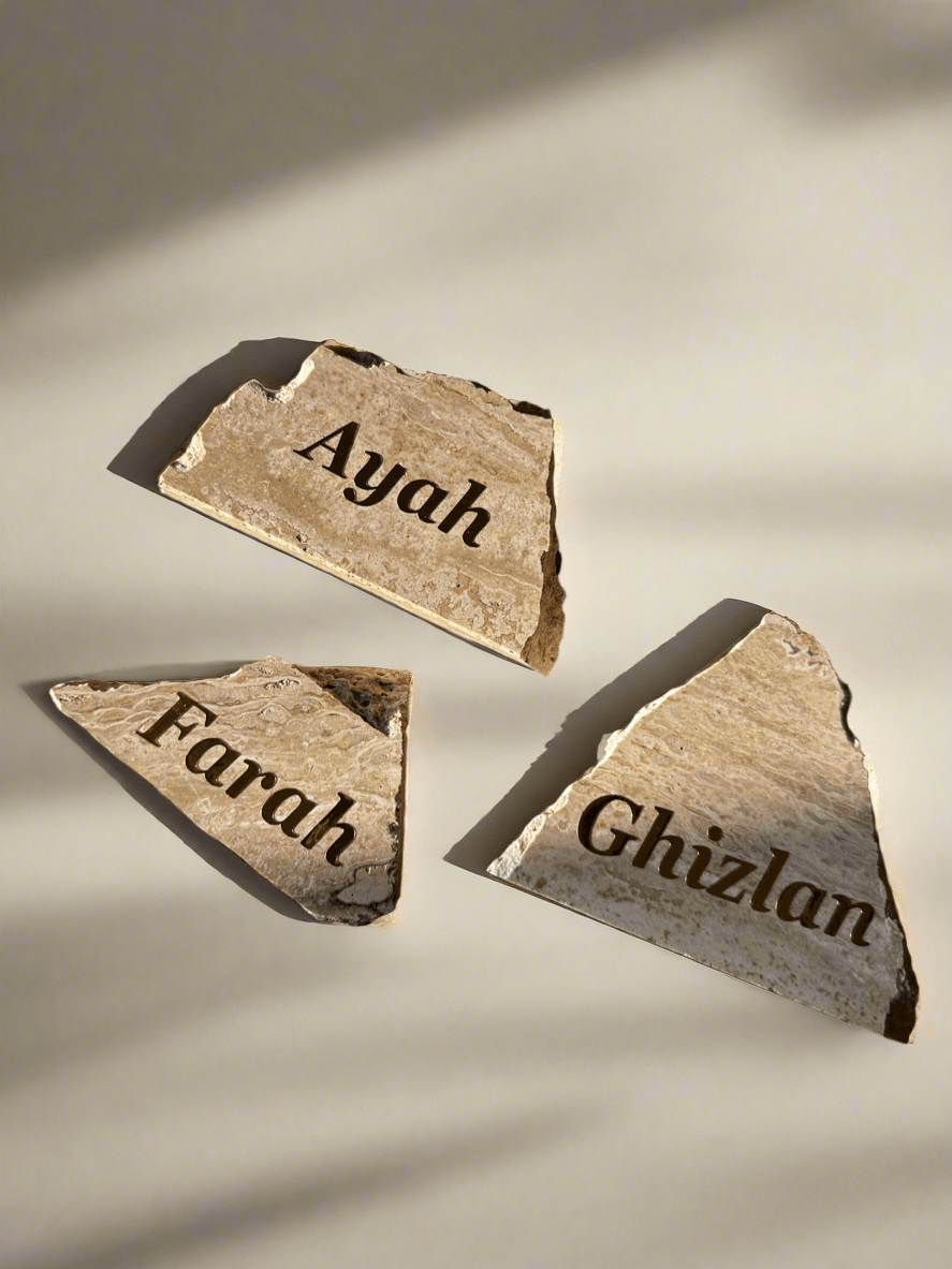 Travertin name tags - event styling - table decoration - PAMPASKONING