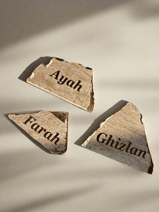 Travertin name tags - event styling - table decoration - PAMPASKONING